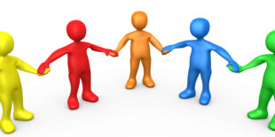 Multicoloured stick characters linking hands illustrating collaboration