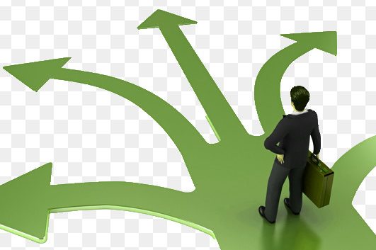 Man with briefcase standing on a path which splits into arrows pointing in multiple directions
