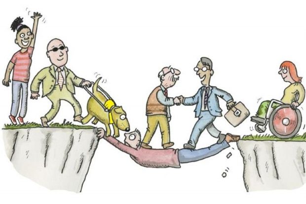 Cartoon showing social workers bridging the gap in services by literally lieing across a gap and allowing services to reach people in need.