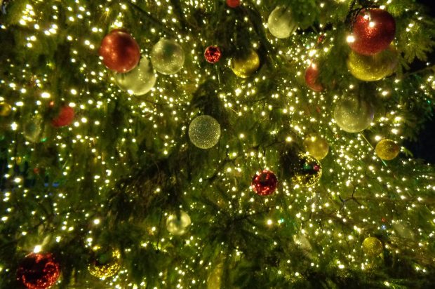 Christmas tree bedecked with baubles and lights