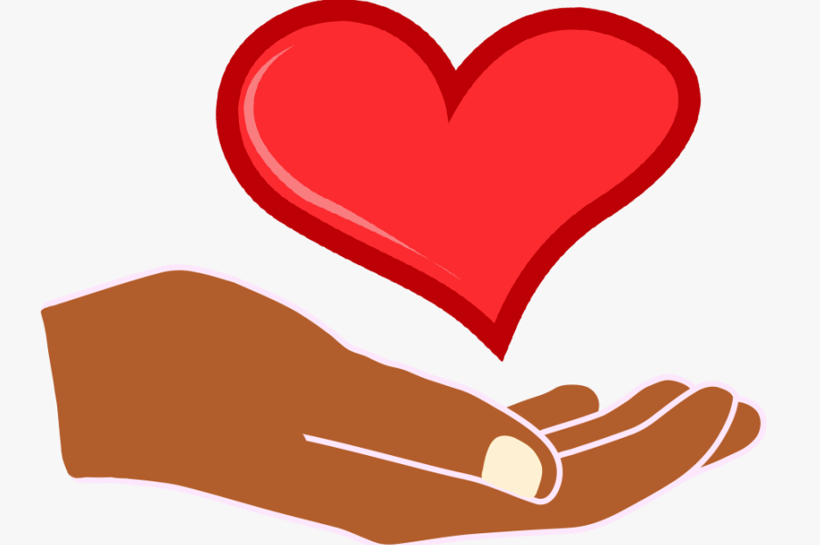 Cartoon image of hand holding a heart to signify caring