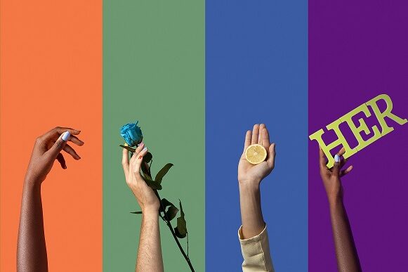 Arms of different genders and skin tones against a rainbow backdrop